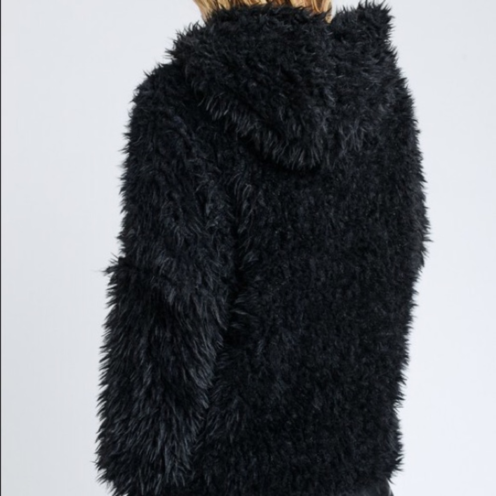 Black Fuzzy Faux Fur Super Soft Hooded Jacket - Picture 4 of 4